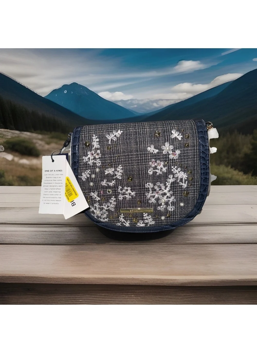 Brahmin Navy Leather Floral Embroidered Crossbody